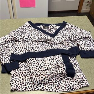 Kate Spade Leopard Print Pajama Set with Navy Trim